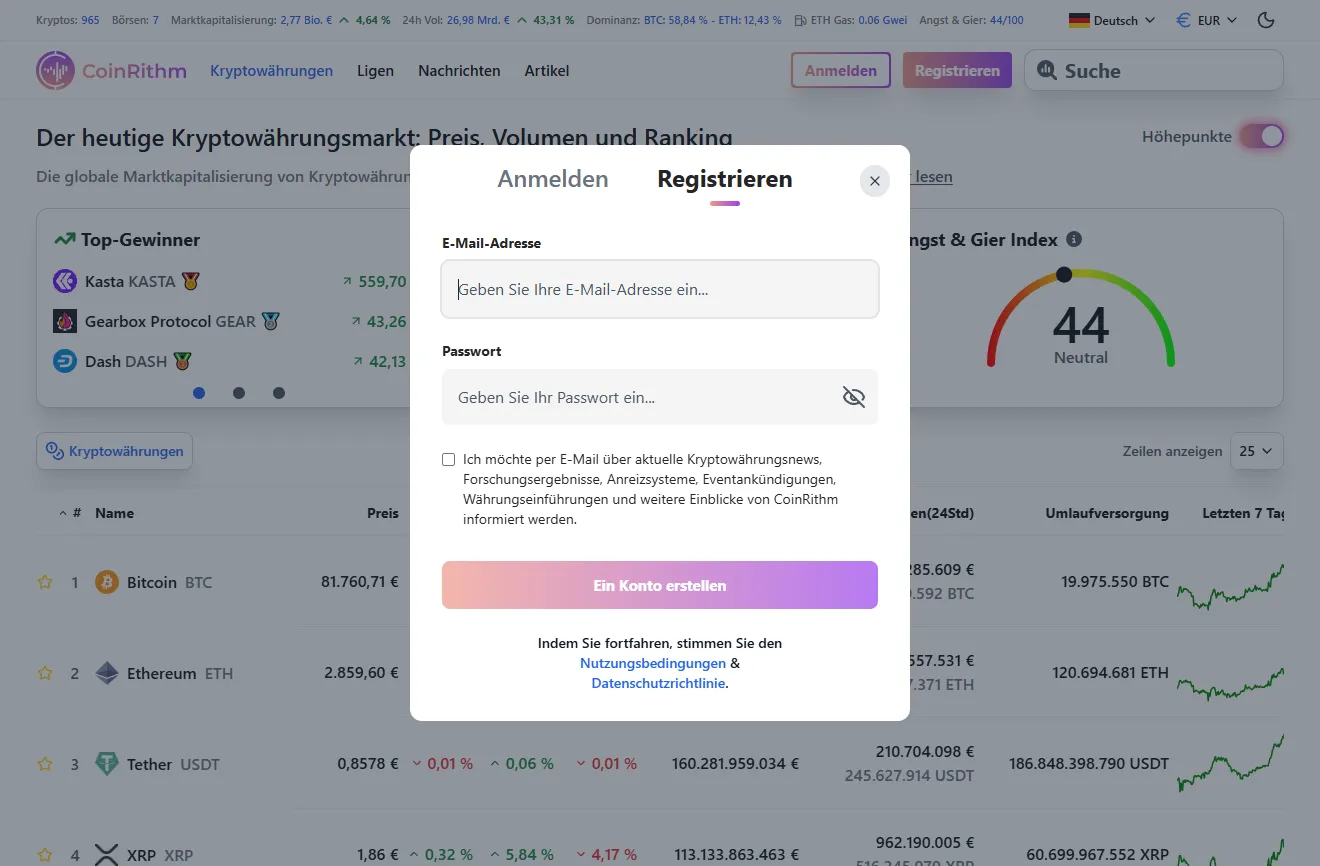Coinrithm Registrierungsbildschirm