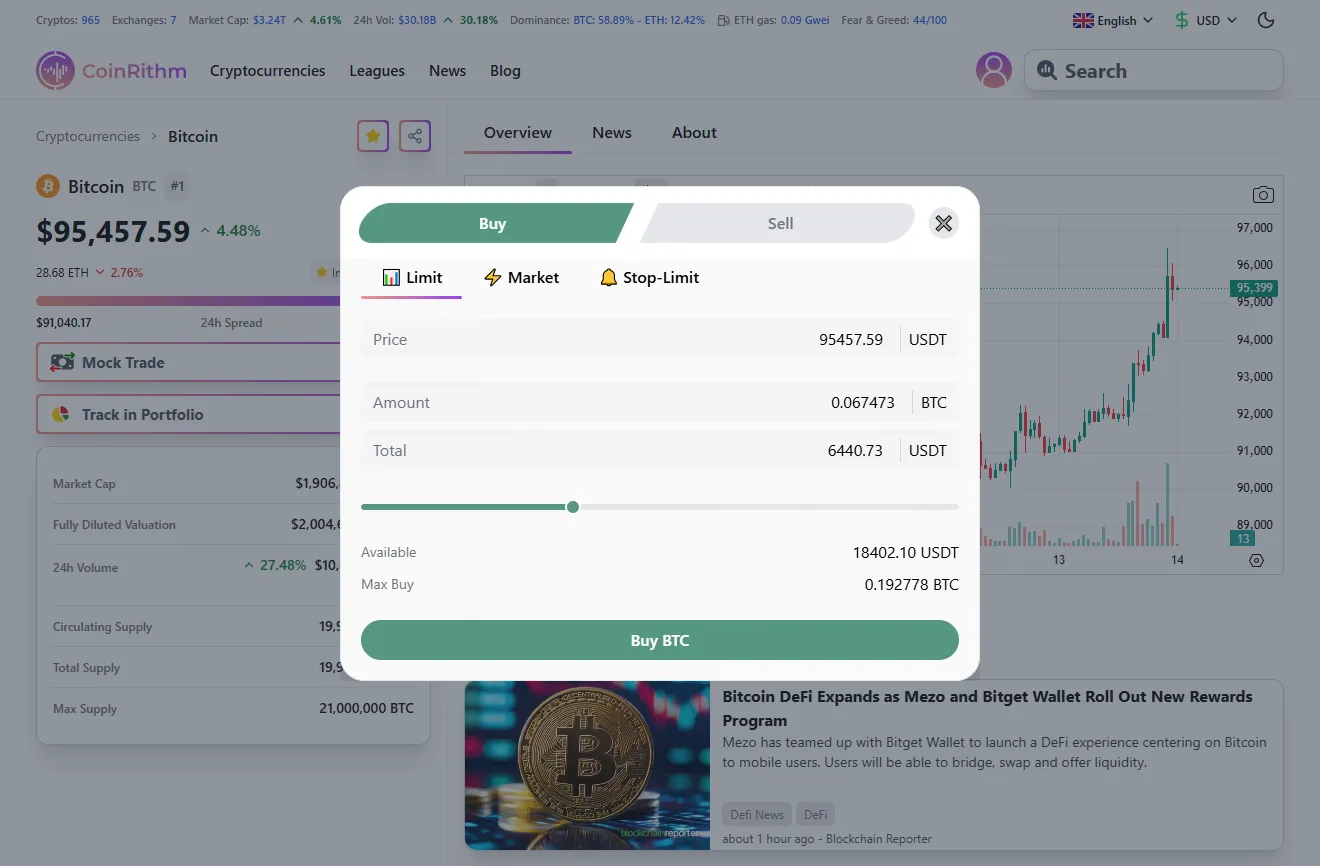 Bitcoin order interface showing Market buy order with Available balance and Max Buy