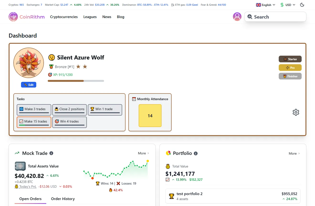 Dashboard showing league rank, XP progress, tasks, and Mock Trade overview
