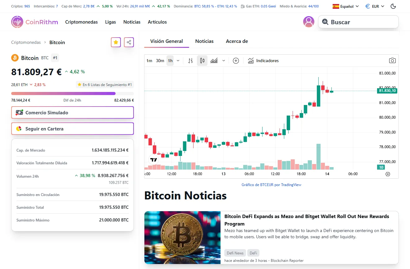 Página de Bitcoin con botones Mock Trade y Rastrear en Portafolio