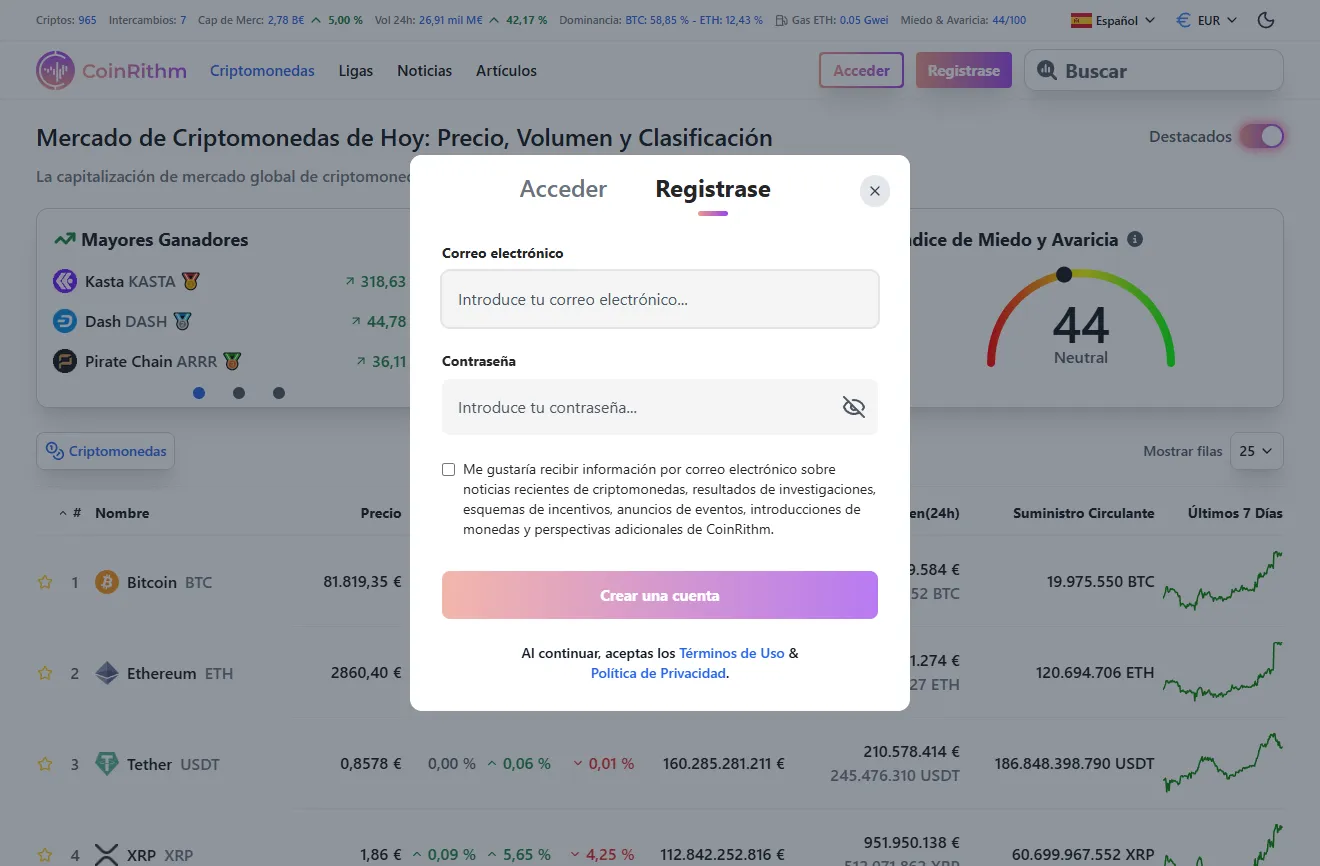 Pantalla de Registro de Coinrithm