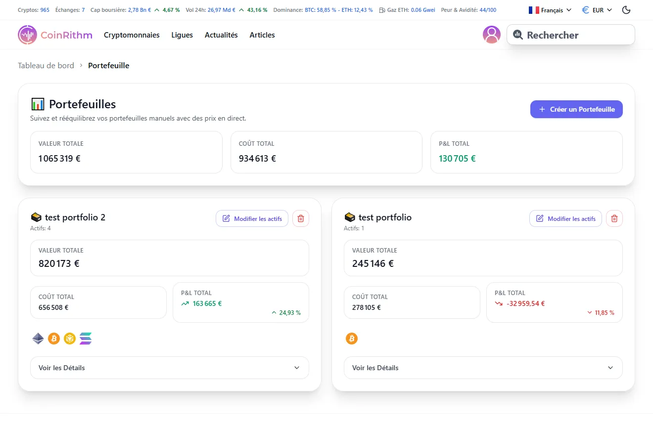 Page Portefeuille montrant plusieurs portefeuilles avec métriques Valeur Totale, Coût et P&L