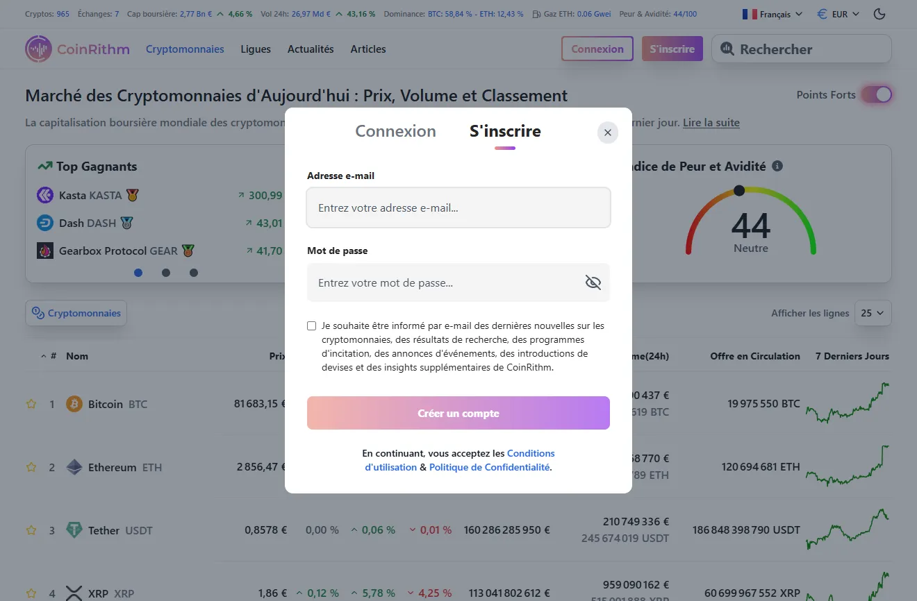 Écran d'inscription Coinrithm