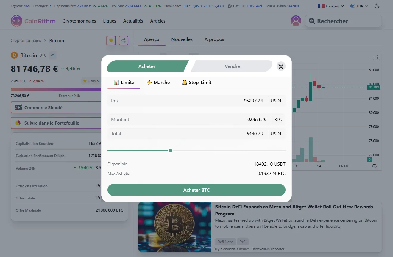 Interface d'ordre Bitcoin montrant ordre d'achat au Marché avec solde Disponible et Achat Max