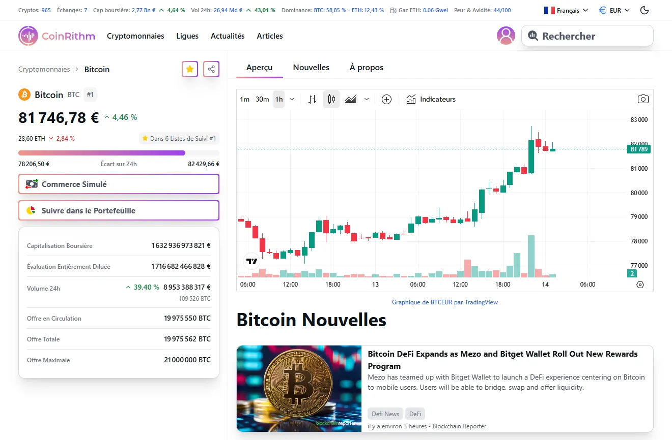 Page coin Bitcoin avec boutons Mock Trade et Suivre dans Portefeuille