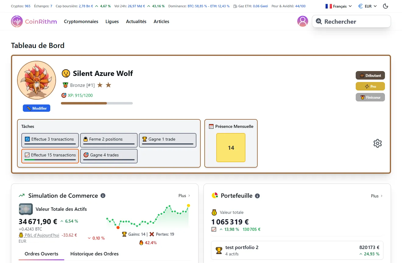 Tableau de bord montrant rang de ligue, progression XP, tâches et aperçu Mock Trade