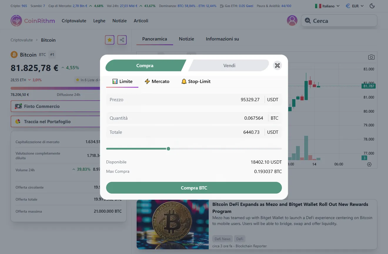 Interfaccia ordini Bitcoin che mostra ordine di acquisto Market con saldo Available e Max Buy