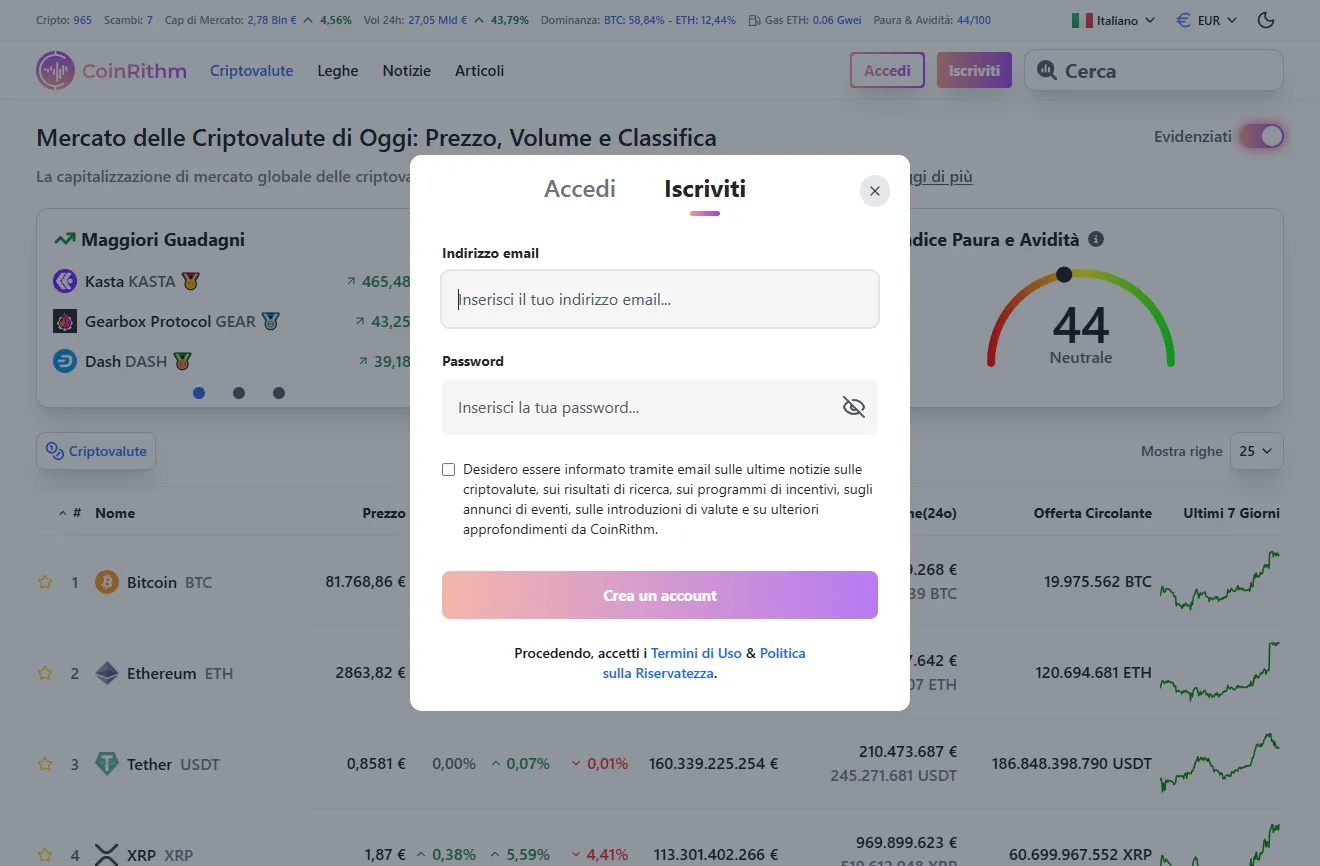 Schermata di Registrazione Coinrithm