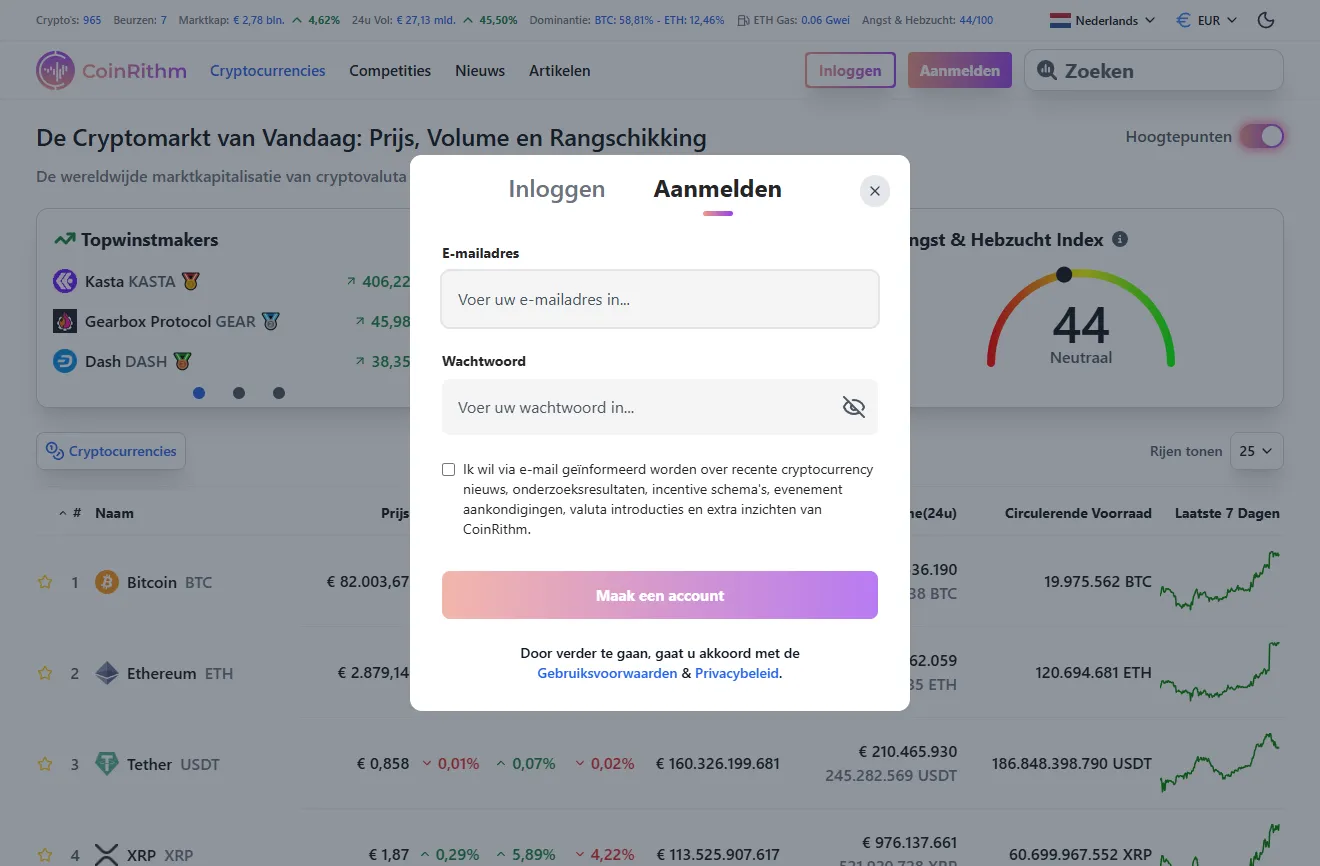 Coinrithm Aanmeldscherm