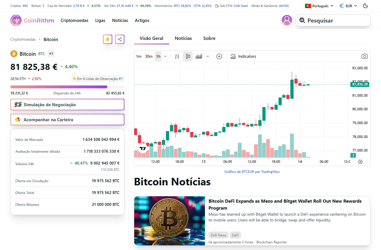 Página de moeda do Bitcoin com botões Mock Trade e Track in Portfolio