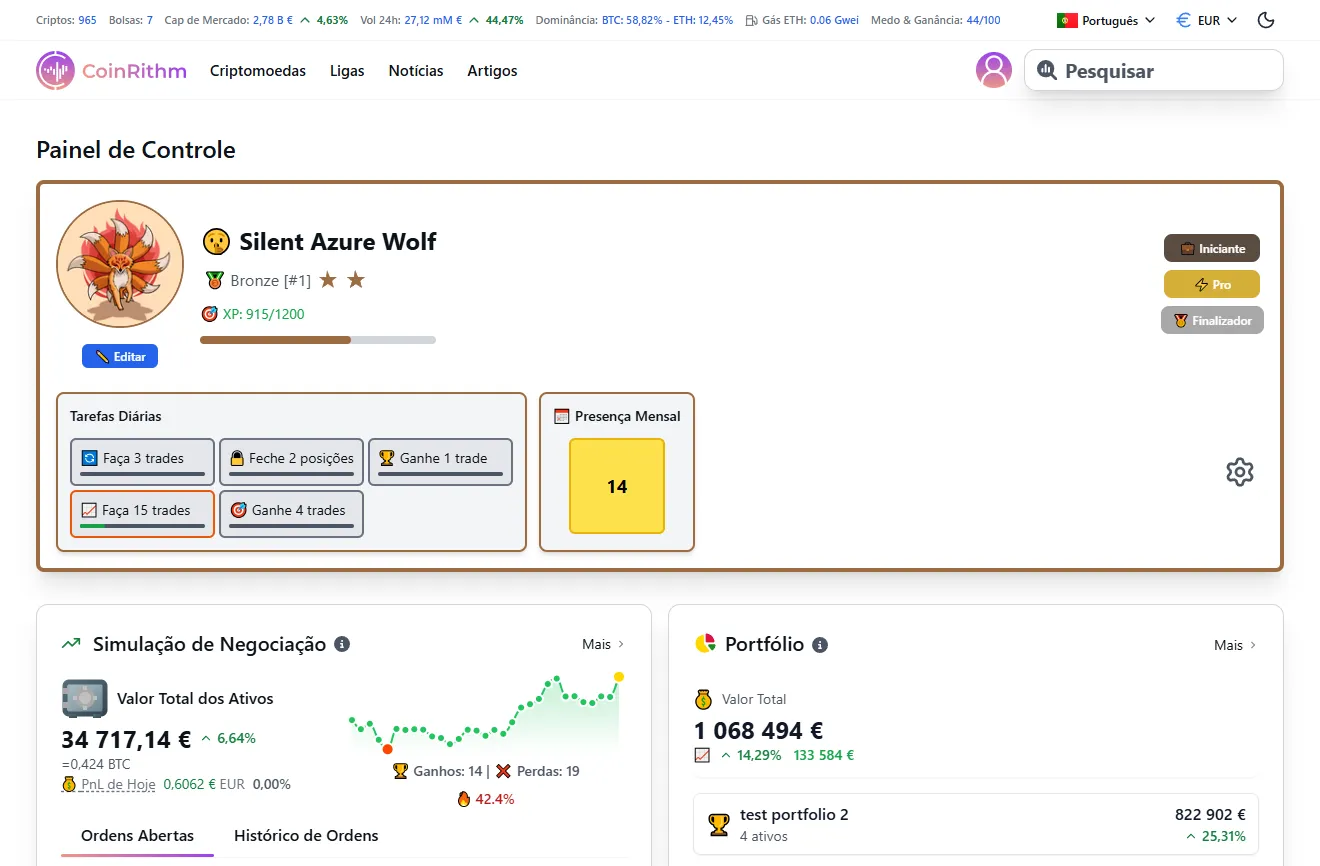Dashboard mostrando ranking de liga, progresso de XP, tarefas e visão geral do Mock Trade