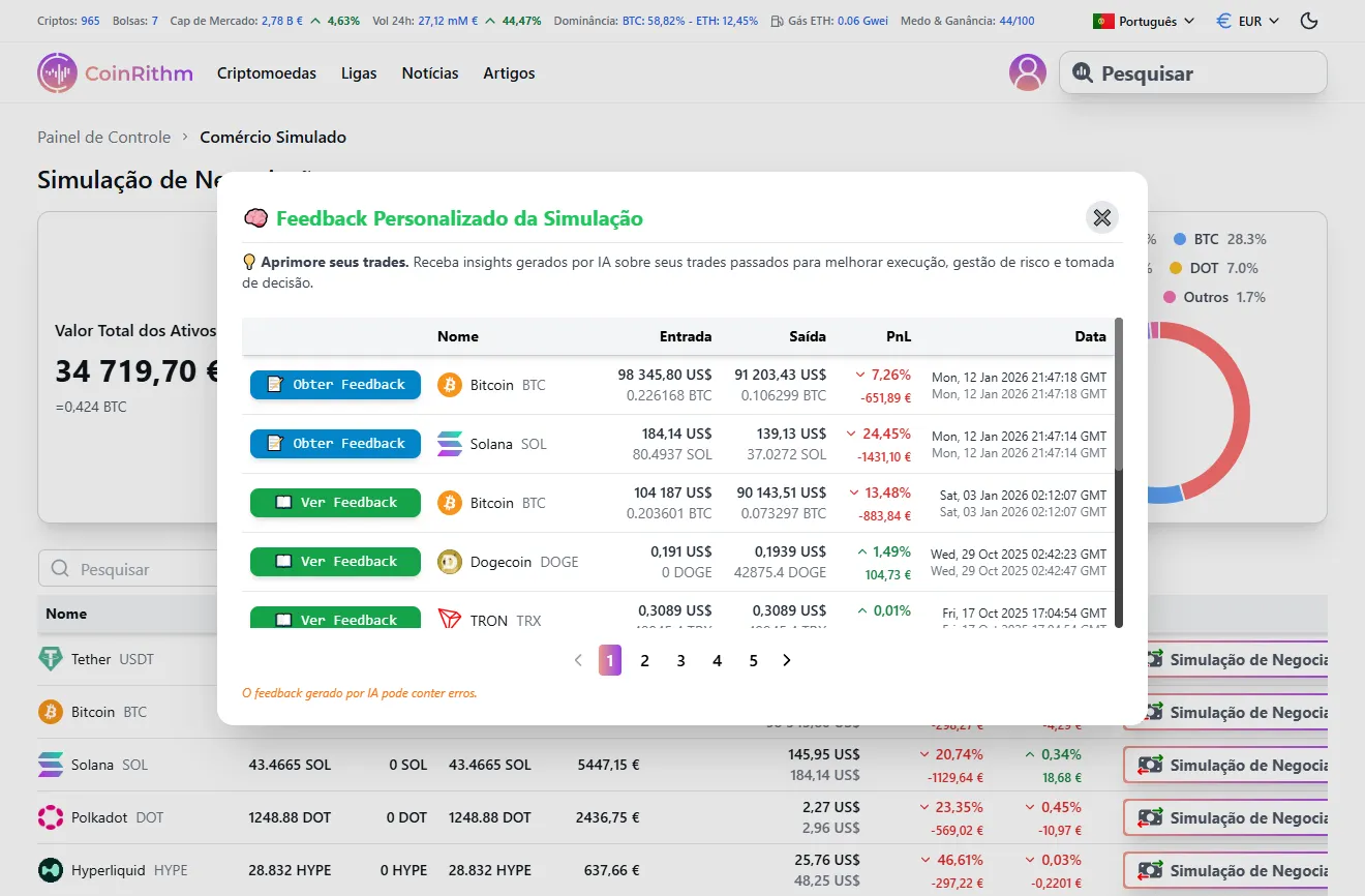 Interface de Feedback Personalizado mostrando histórico de operações com botões Get Feedback e See Feedback