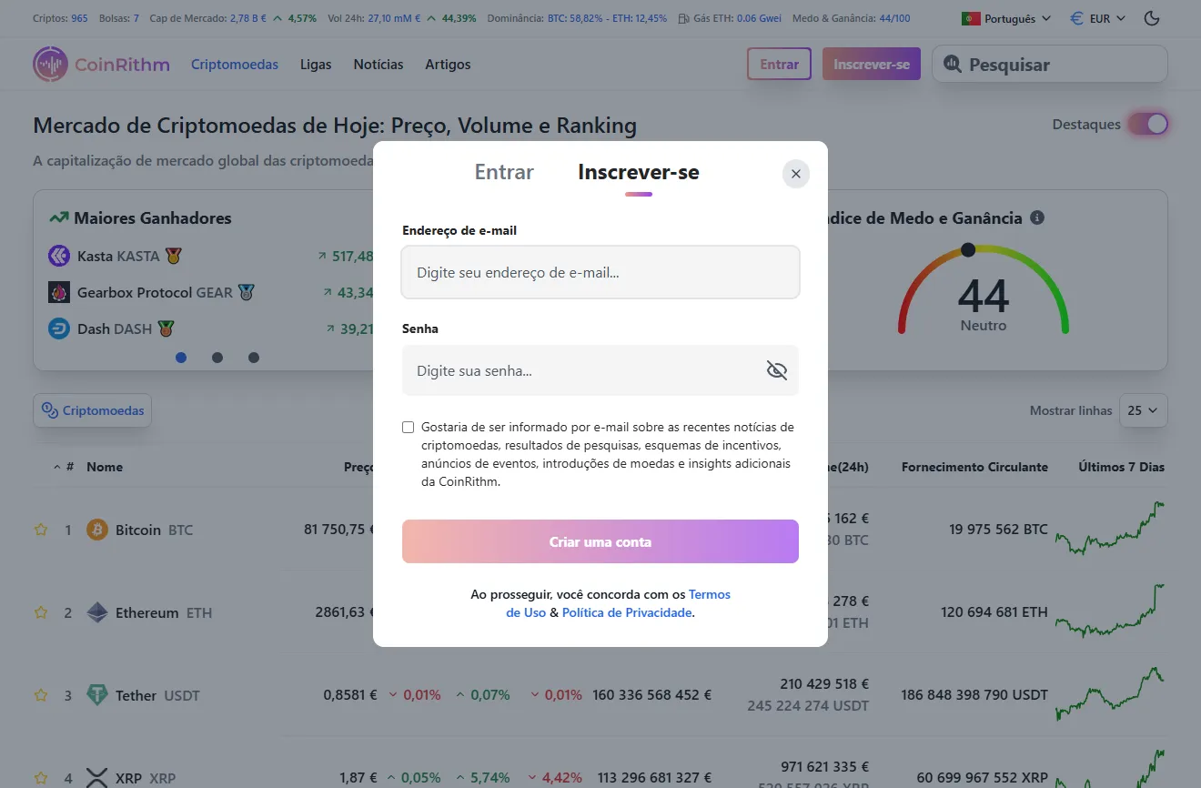 Tela de Registro do Coinrithm