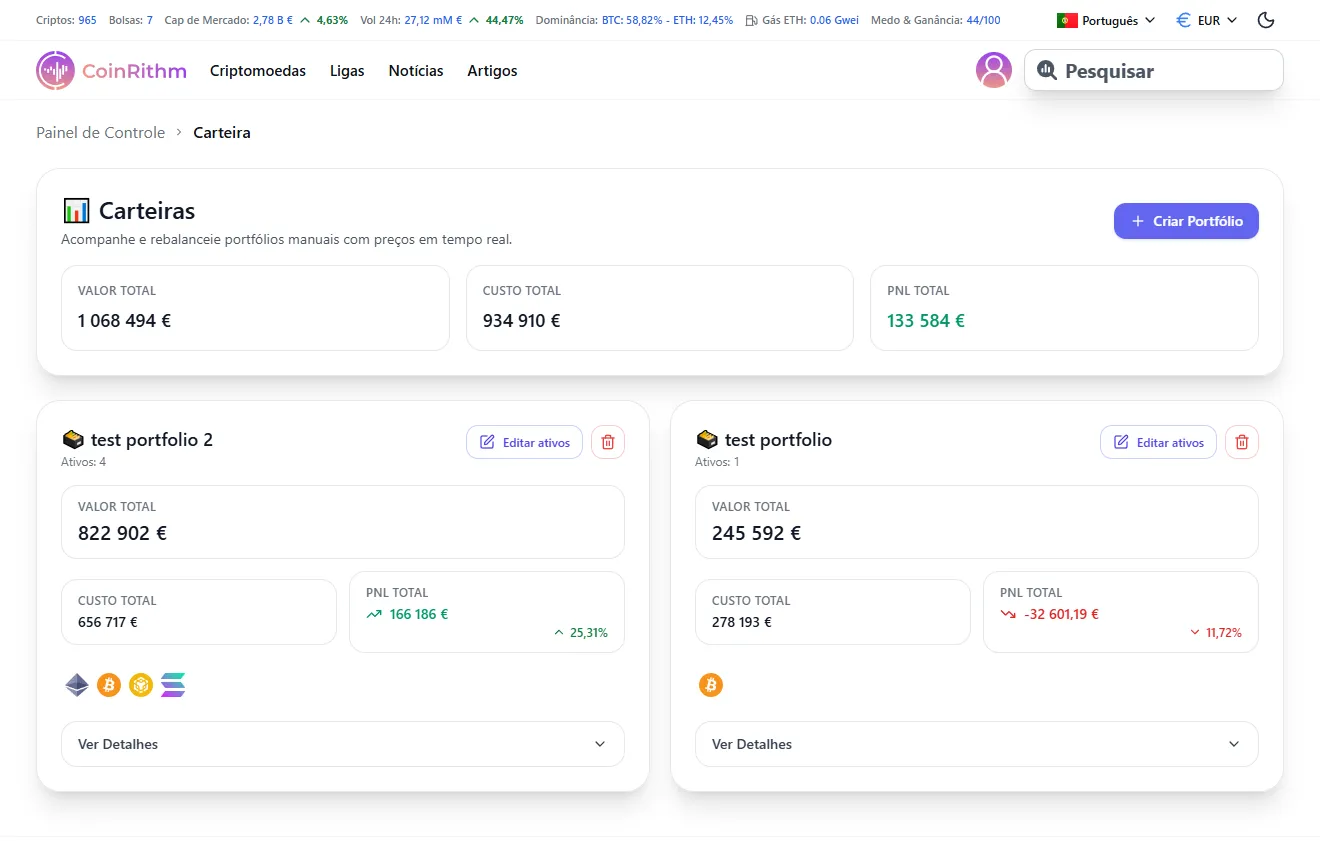Página de Portfólio mostrando múltiplos portfólios com métricas de Valor Total, Custo e P&L
