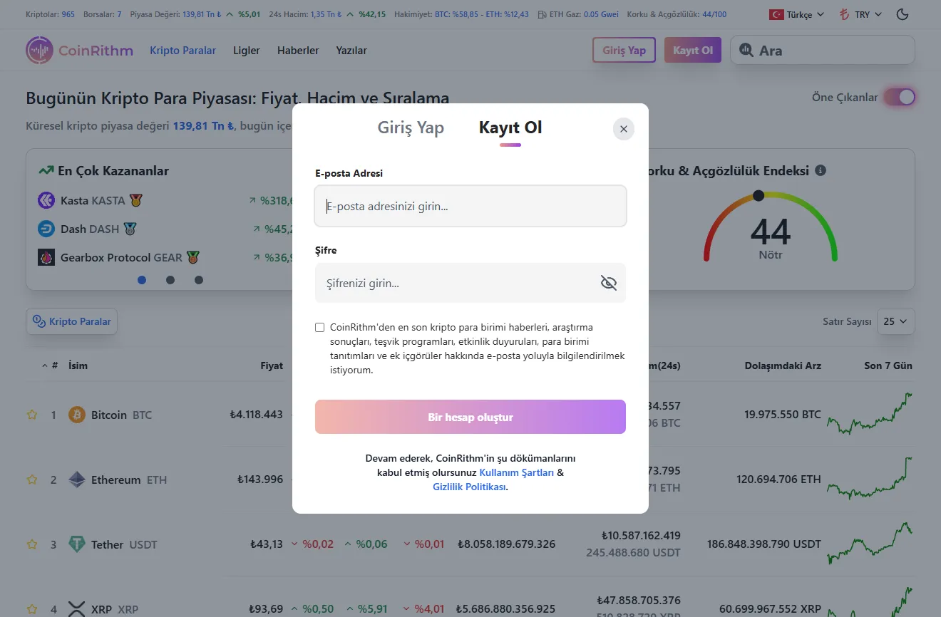 Coinrithm Kayıt Ekranı